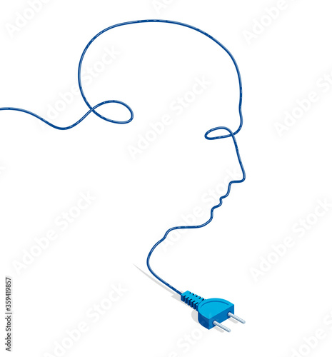 Neural network artificial intelligence vector concept with plug in a shape of man head silhouette, technology and science theme.
