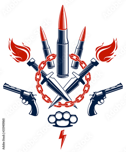 Bullets and guns vector emblem of Revolution and War, logo or tattoo with lots of different design elements, anarchy and chaos concept, criminal and gangster style, social tension theme.