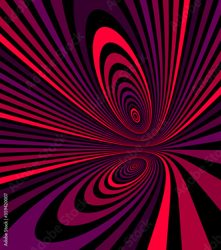 Colorful red abstract vector lines psychedelic optical illusion illustration, surreal op art linear curves in hyper 3D perspective, crazy distorted design, drug hallucination delirium,