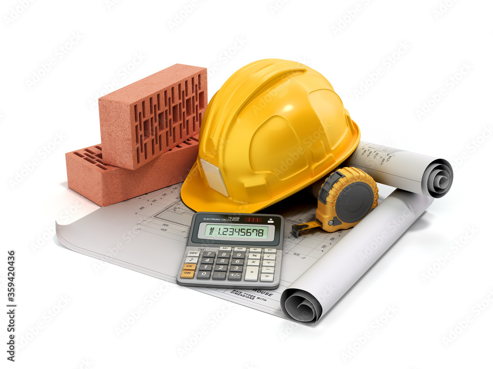 modern construction costing concept hard hat bricks and tape measure in the drawings next to the calculator 3d render on white