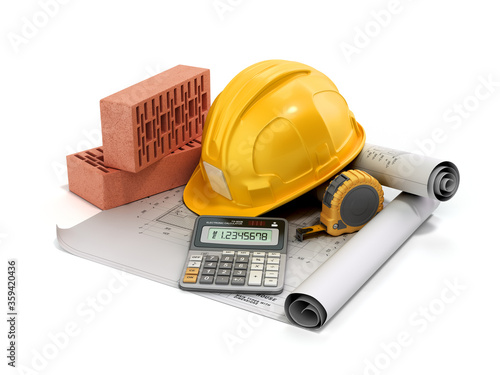 Obraz na płótnie modern construction costing concept hard hat bricks and tape measure in the drawings next to the calculator 3d render on white w salonie