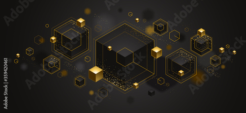 Abstract vector design with cluster of 3D cubes with golden elements vector design, luxury color style, jewelry classy elegant geometric design, shiny gold realistic abstraction.