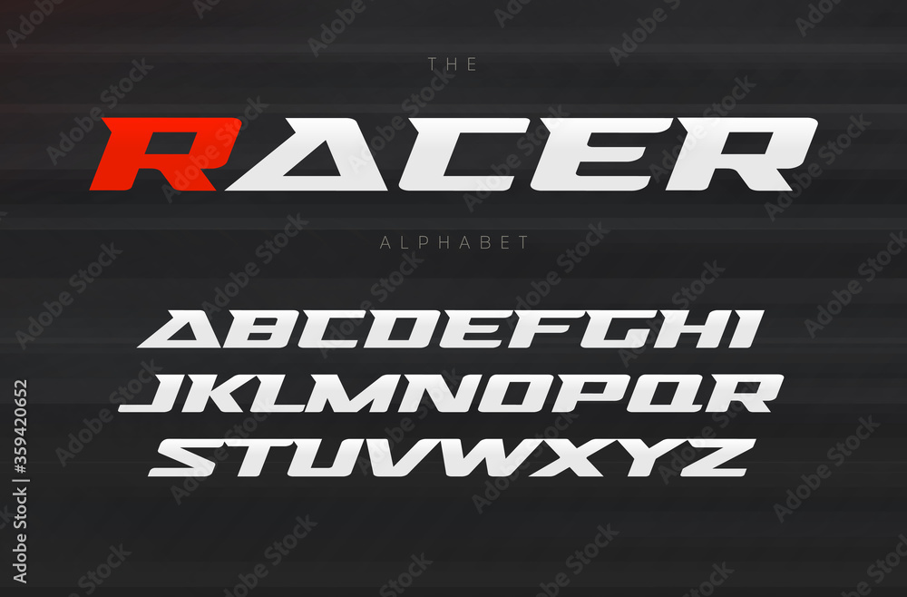 Racing font, aggressive and stylish lettering design. Dynamic letters, italic wide font with modern serifs, sports alphabet. Vector typography design. - obrazy, fototapety, plakaty 