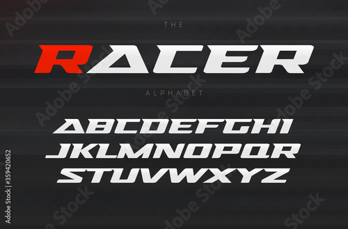 Racing font, aggressive and stylish lettering design. Dynamic letters, italic wide font with modern serifs, sports alphabet. Vector typography design.