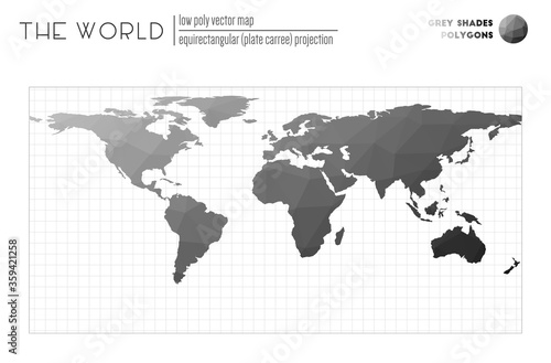 Low poly design of the world. Equirectangular  plate carree  projection of the world. Grey Shades colored polygons. Amazing vector illustration.