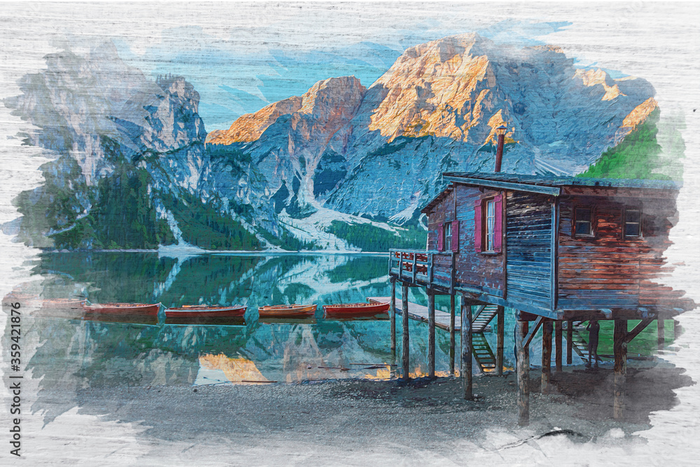 Naklejka premium Lago di Braies in Dolomites, watercolor painting