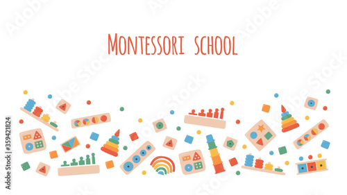 Children wooden toys for Montessori games. Education logic toys for preschool kids. Montessori system for early childhood development. Hand drawn vector background on white background