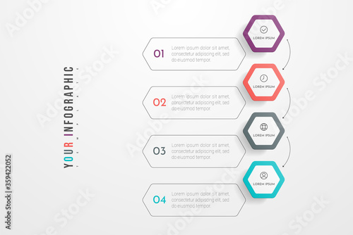 Infographics design and marketing icons with 4 options, steps or processes. Can be used for annual report, flow charts, diagram, presentations, web sites. Vector illustration