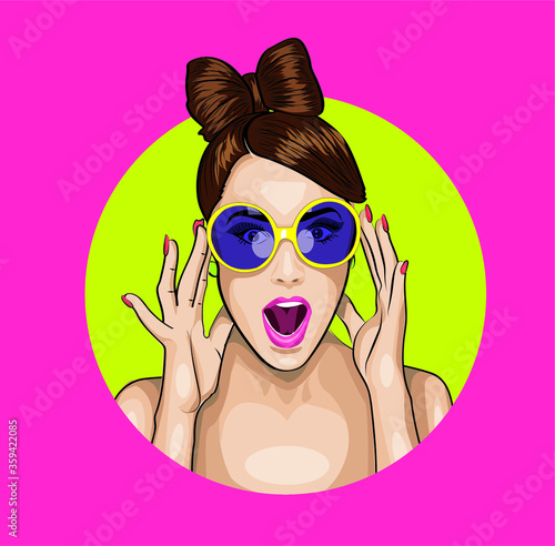 Wow girl in sunglasses in comics style