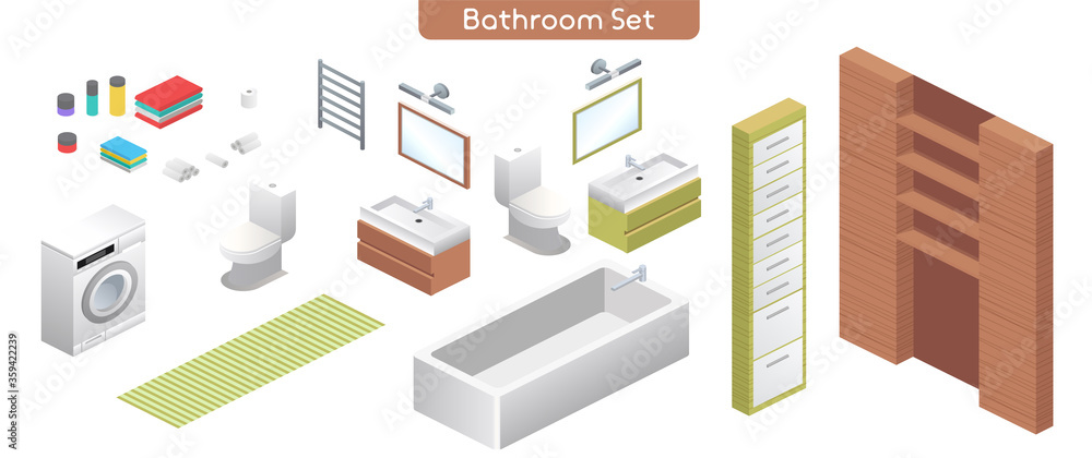 Vector illustration of bathroom modern interior furniture set