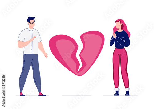 The concept of breaking the love relationship. Divorce. Former couple. Conflict between lovers. Broken heart. Parting couple. Attempt to make peace. Vector. Illustration in a flat cartoon style.