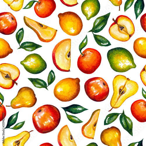 Watercolor fruit pattern on white background