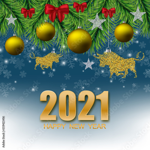 Festive background, silhouette of a bull, New Year's toys on the branches of a Christmas tree. New Year poster Design 2021