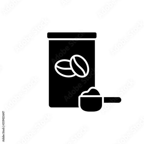 Silhouette Ground, granulated or sublimated coffee. Outline icon of jar with beans, measuring spoon with dry powder. Black emblem of packaging instant drink with scoop. Flat vector, white background