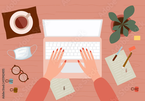 Office workplace. Workplace top view. Woman using laptop and working with documents on table. Flat design cartoon style.