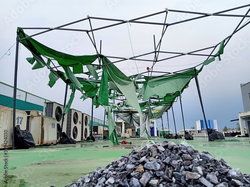 The roof of the damaged tent