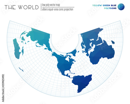 World map in polygonal style. Albers equal-area conic projection of the world. Yellow, Green, and Blue colored polygons. Energetic vector illustration.