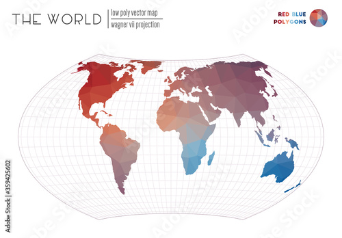 Abstract world map. Wagner VII projection of the world. Red Blue colored polygons. Beautiful vector illustration.