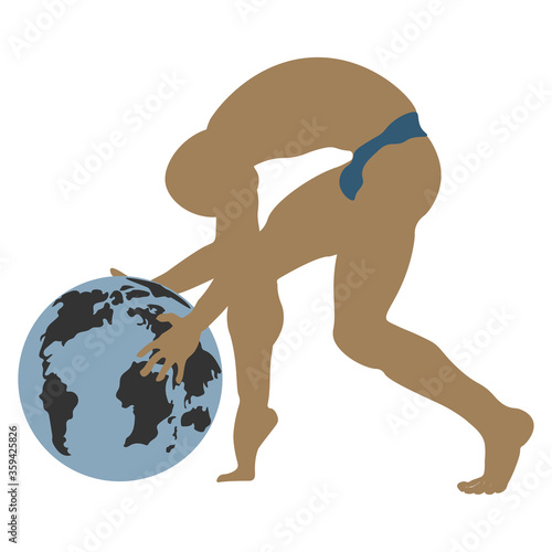 A strong man pushes the planet. Planet concept. The interaction of man and the environment.