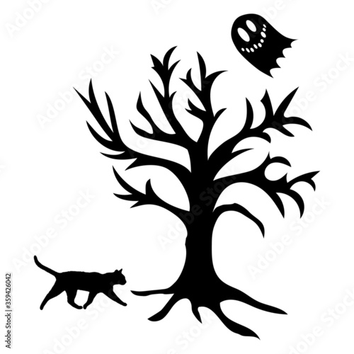 Halloween holiday. Elements of a tree, cat, ghost. Can be used for decoration, packaging, fabric, picture.