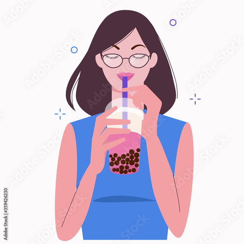Young woman drinks pink bubble milk tea. Taiwanese popular and famous drink Boba with tapioca black pearls. Cartoon flat vector illustration isolated on white background.