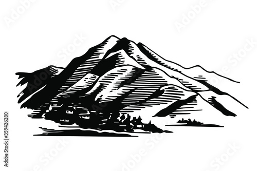 mountains, graphic, black and white, vector illustration, doodle, sketch