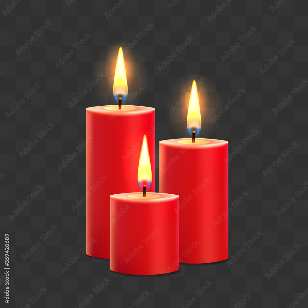 Three red wax candles on black background, vector icon. Three red wax candles on black background, vector icon.