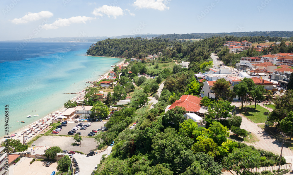 Drone view to the most popular village in Halkidiki- Kallithea. It is located in the first peninsula of Halkidiki, Kassandra.