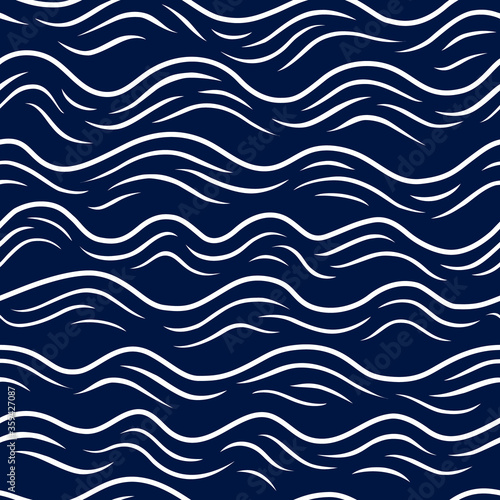 Waves seamless pattern. Blue background. Hand drawn wavy seacoast. Sea and ocean concept. Seascape water. Drawing wave line. Abstract lines for design prints. Nautical tides. Summer backdrop. Vector