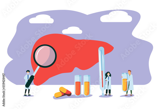 Medical Diagnosis, Hepatitis A, B, C, D World Day, Cirrhosis Concept, Tiny Doctors Taking Care of Patient Diseased Liver, Health Care, Cancer Awareness, Treatment. 