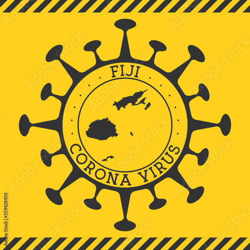 Corona virus in Fiji sign. Round badge with shape of virus and Fiji map. Yellow country epidemic lockdown stamp. Vector illustration.