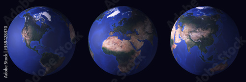 Northern hemisphere of our planet. Set of 3d renders shows Earth without atmosphere, only surface. Render with nice resolution- small details and terrain heights are present.