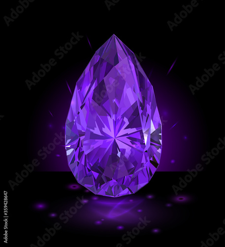 Beautiful purple gemstone  in the shape of a drop isolated on black background. Vector illustration.	
