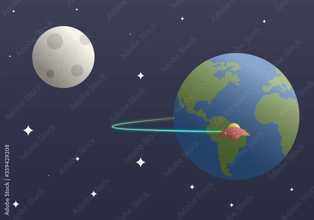 Naklejka premium UFO flies from Earth. Flat illustartion.
