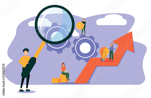 vector illustration a group of people characters are thinking over an idea. prepare a business project start up. rise of the career to success, 
