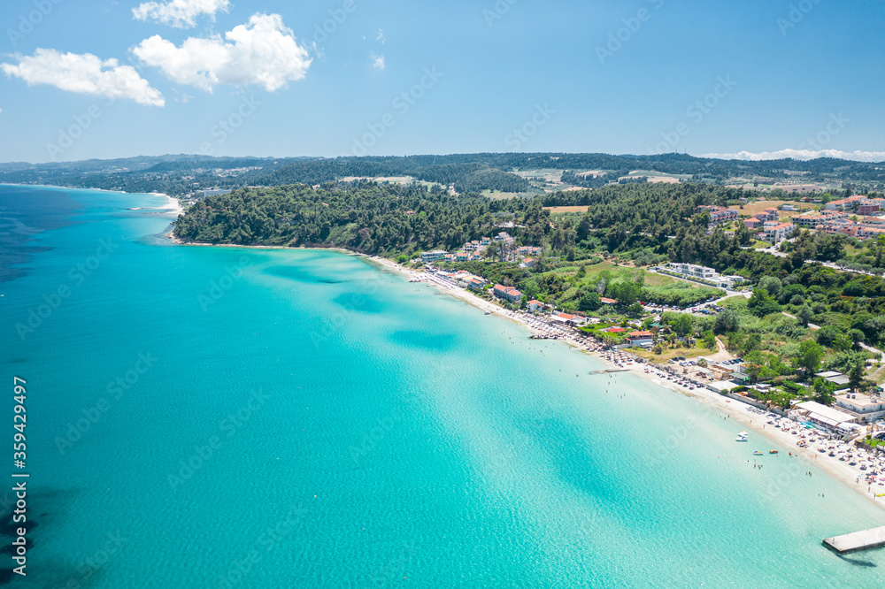 Obraz premium Waterfront view to the most popular village in Halkidiki- Kallithea. It is located in the first peninsula of Halkidiki, Kassandra.