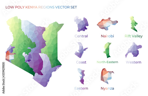 Kenyan low poly regions. Polygonal map of Kenya with regions. Geometric maps for your design. Appealing vector illustration.