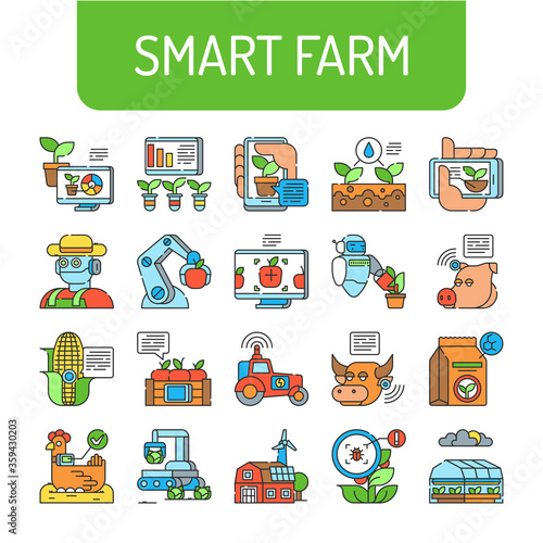 Smart farm color icons set. Agricultural management. Pictograms for web page, mobile app, promo. UI UX GUI design element. Editable stroke.