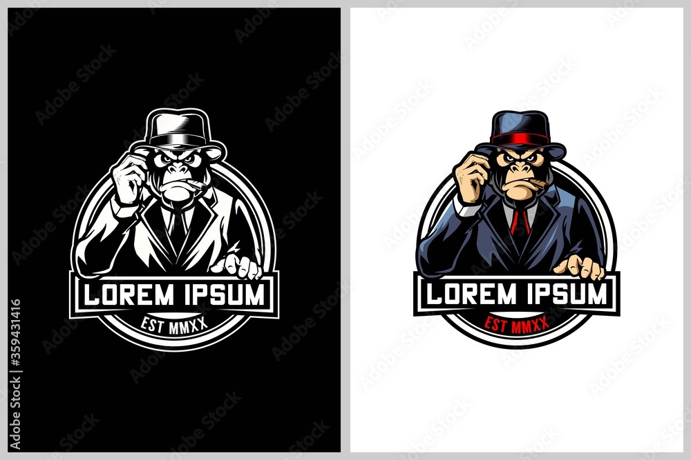 Fototapeta Gorilla with fedora and suit cartoon character vector badge logo template