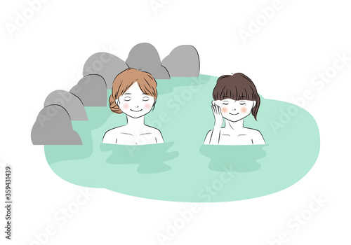 温泉に入っている若い二人の女性のイラスト