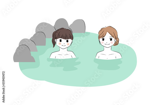 温泉に入っている若い二人の女性のイラスト