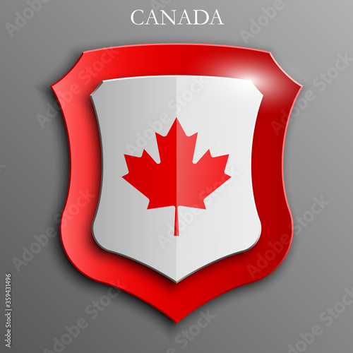 Canada set shiny buttons and shields of flag with frame - illustration. Isolated abstract object against gray background.