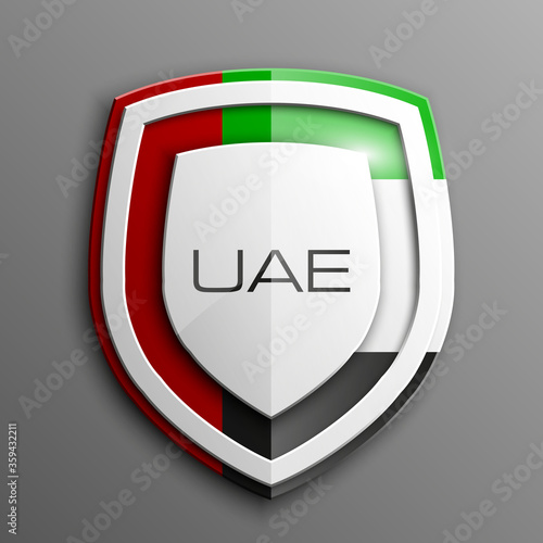 Design Shield  illustration banner with Abstract Background Flag UAE inside. United Arab Emirates template Art