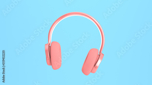3d rendering pink headphones move, dance and approach on a blue background. Advertising, digital marketing, social network. Unusual funny design, cartoon style joke.