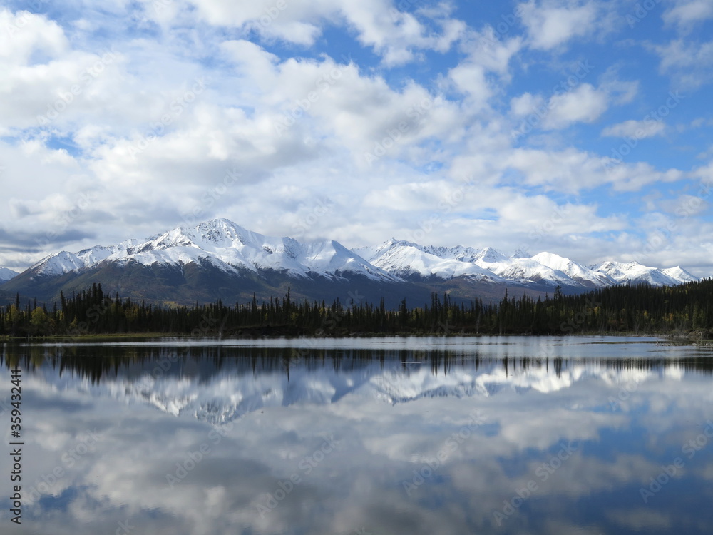 a lake next to the Alaska Route 1 state highway between Tok and Anchorage, Alaska, USA, September, Indian Summer