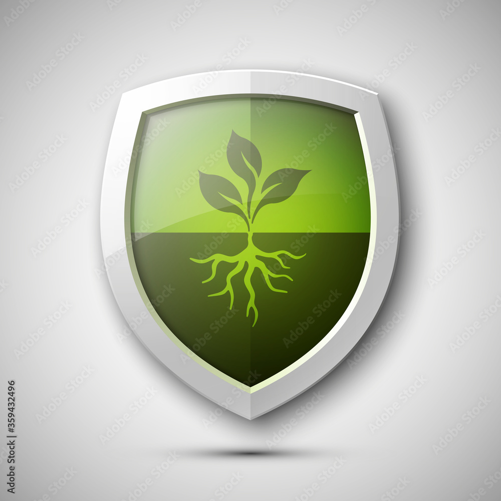 Eco Protect Logo Template Design. Ecological shield label. Plant icon. Herb badge. Young flower sprout from the root picture. Ecology tag. Grass illustration. Greenery chek