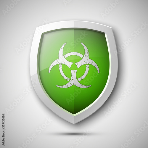 Protection shield with the sign of biological contamination concept. Safety biohazard badge icon. Privacy banner. Security label. Defense tag. Presentation gas attack sticker shape. Defense sign