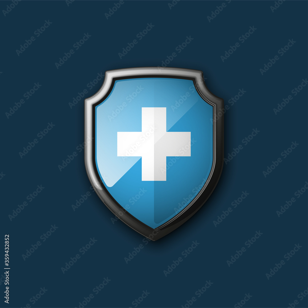 Medical health protection shield cross. Protected medicine guard shield icon concept. Safety mark badge Medical health protection shield cross. Protected medicine guard shield icon concept. Safety mark badge