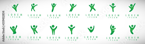 Abstract People Logo Set. Human Figure Isolated On Gray Background. Icons Collection For Human Success, Celebration Logo, Achievement Symbol And Activity. Different Happy People. Figure Logo, Vector