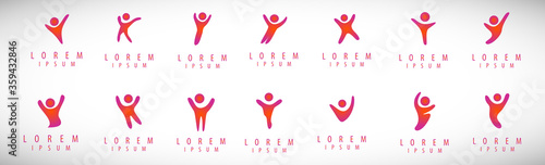 Abstract People Logo Set. Human Figure Isolated On Gray Background. Icons Collection For Human Success, Celebration Logo, Achievement Symbol And Activity. Different Happy People. Figure Logo, Vector